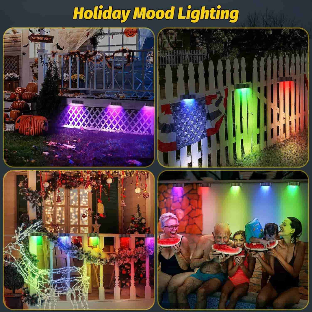 Solar fence lights outdoor wall lights Waterproof IP65, Warm white &amp; RGB 8 specific fixed colors for fence wall step deck patio