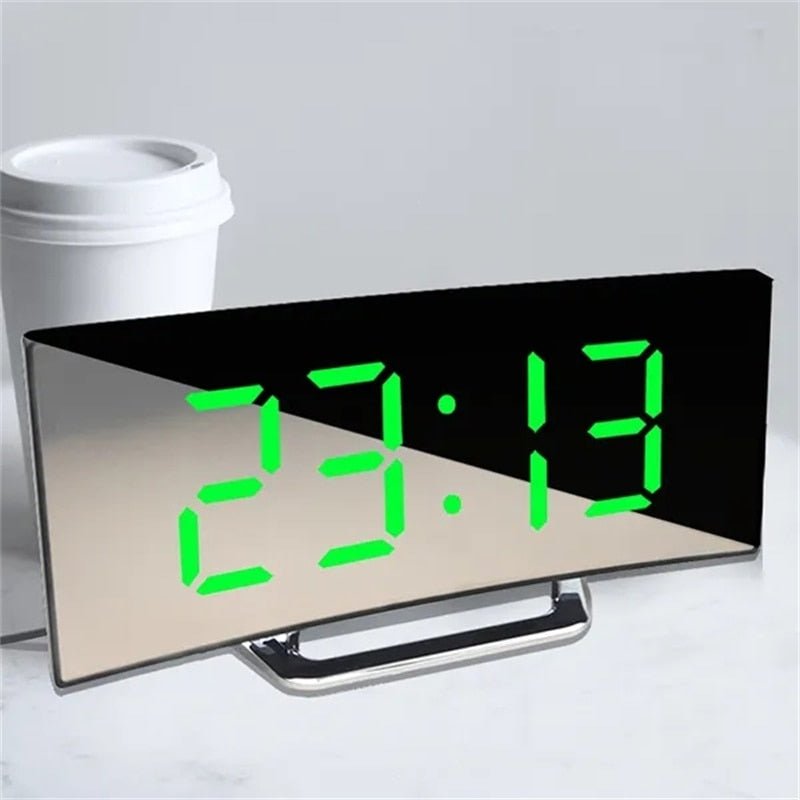 LED Digital Alarm Clock – Curved Mirror Display, Table Clock with Snooze Function, Electronic Table Display, Bedroom and Living Room Decor