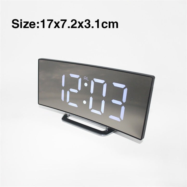 LED Digital Alarm Clock – Curved Mirror Display, Table Clock with Snooze Function, Electronic Table Display, Bedroom and Living Room Decor