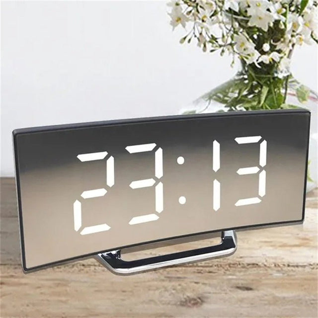 LED Digital Alarm Clock – Curved Mirror Display, Table Clock with Snooze Function, Electronic Table Display, Bedroom and Living Room Decor