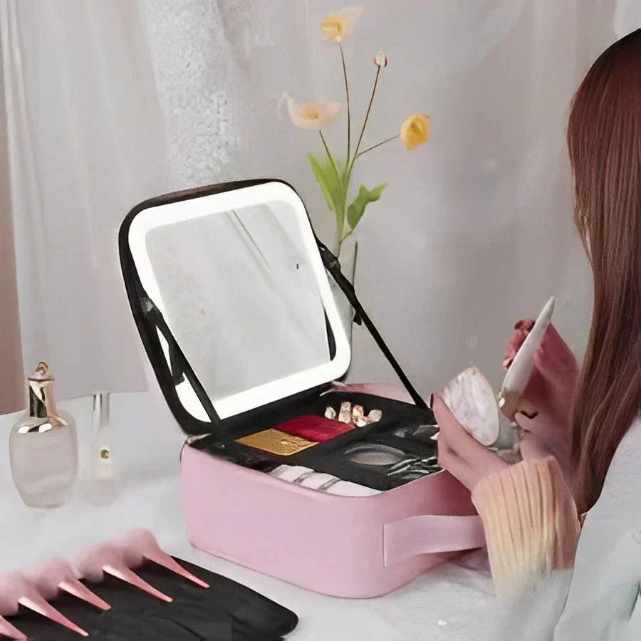 MirrorGlam LED Make-up Bag – Portable Cosmetic Case with Adjustable Light &amp; Organizer Loops