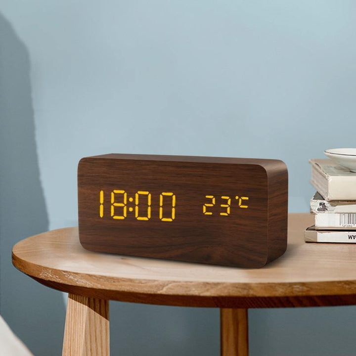LED alarm clock in wooden cube shape