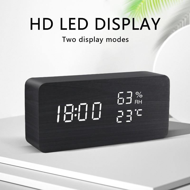 LED alarm clock in wooden cube shape