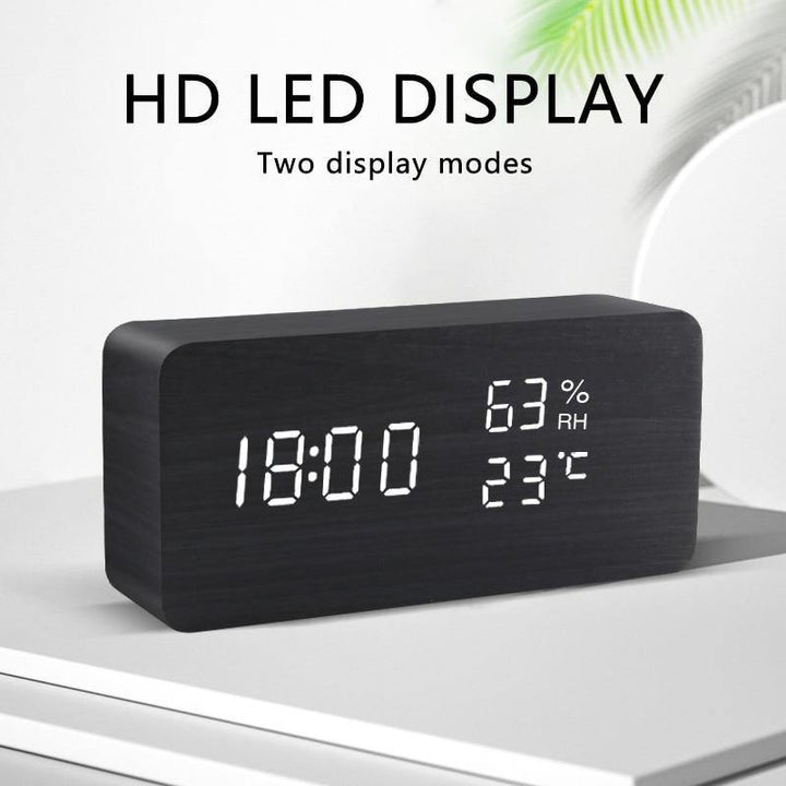 LED alarm clock in wooden cube shape