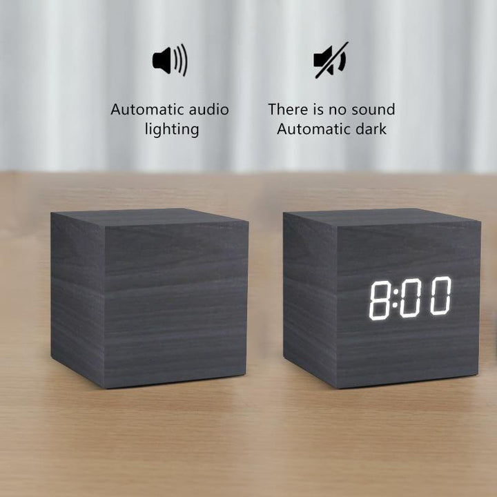 LED alarm clock in wooden cube shape