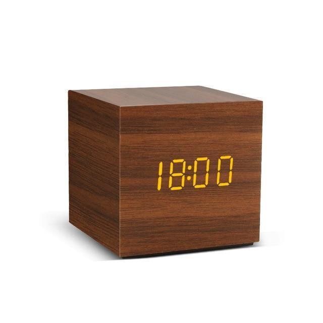 LED alarm clock in wooden cube shape