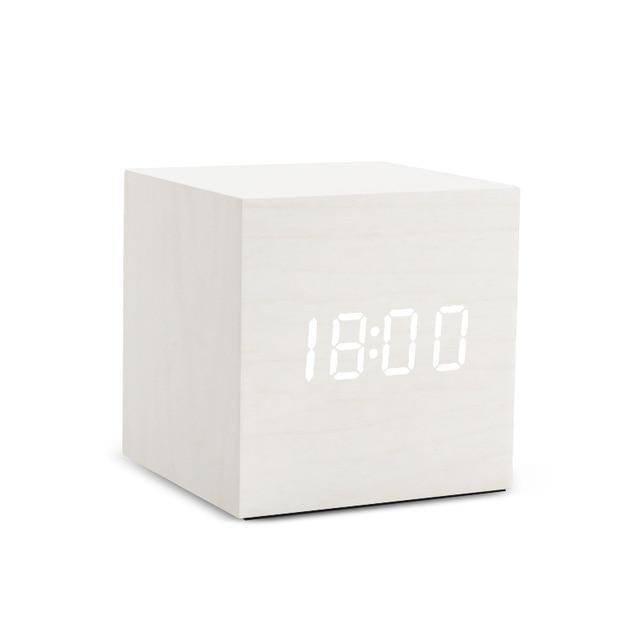 LED alarm clock in wooden cube shape