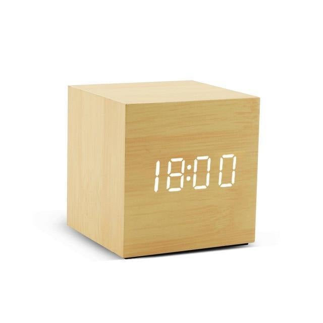 LED alarm clock in wooden cube shape