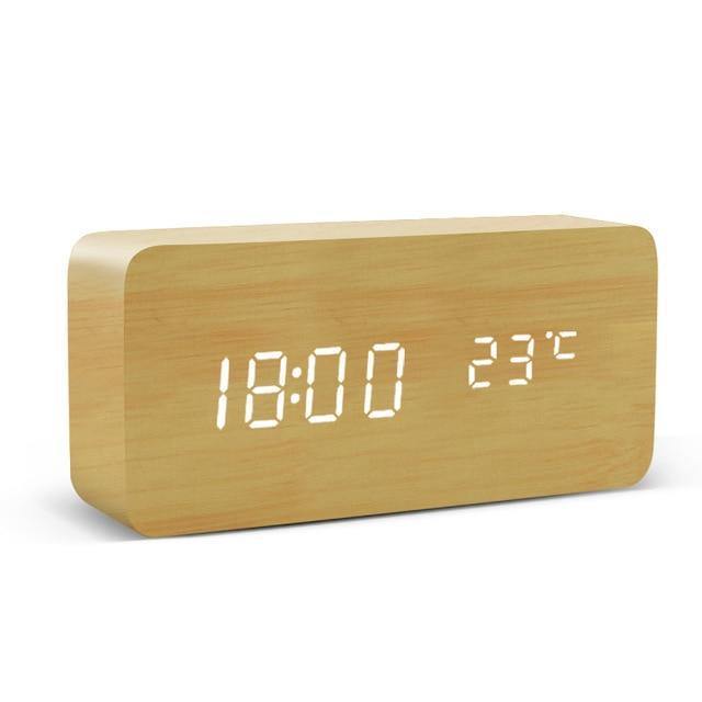 LED alarm clock in wooden cube shape