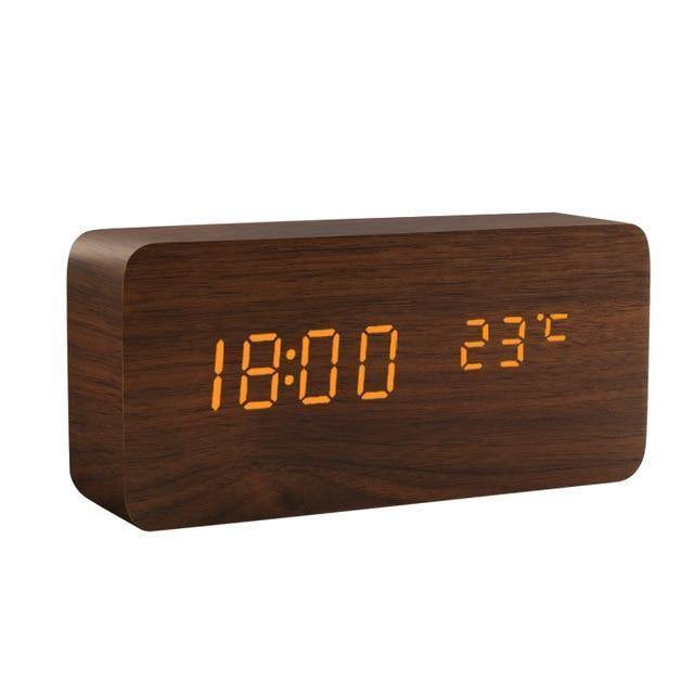 LED alarm clock in wooden cube shape