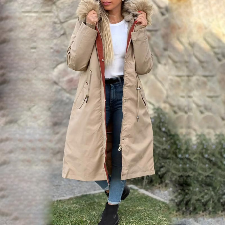 Winter coat with hood and fur collar, casual parka for women