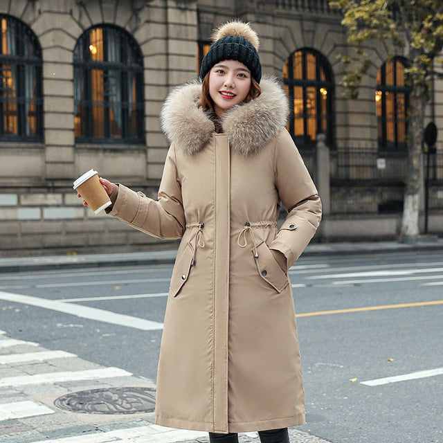 Winter coat with hood and fur collar, casual parka for women