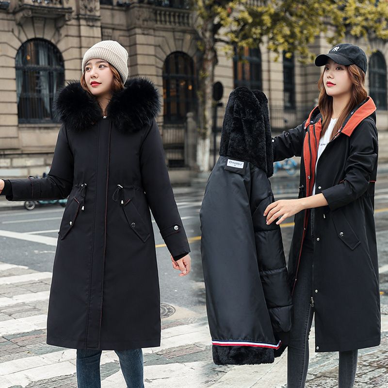 Winter coat with hood and fur collar, casual parka for women