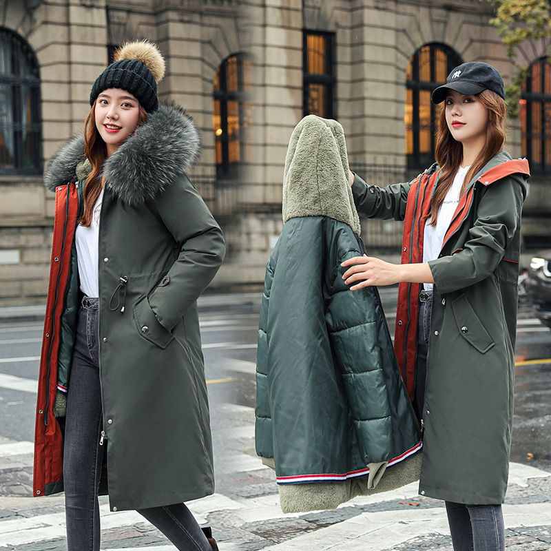 Winter coat with hood and fur collar, casual parka for women