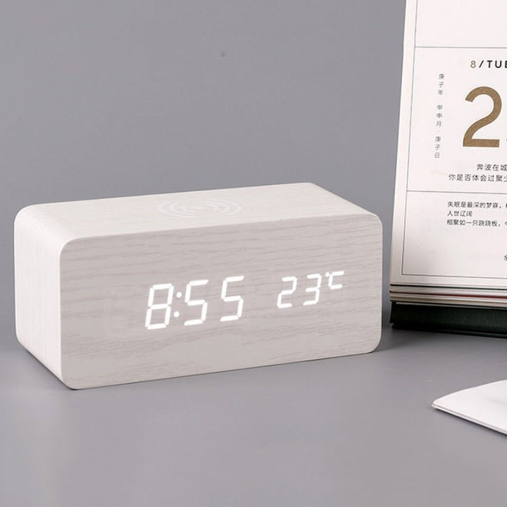 Wood Electric Alarm Clock with Wireless Charging Pad