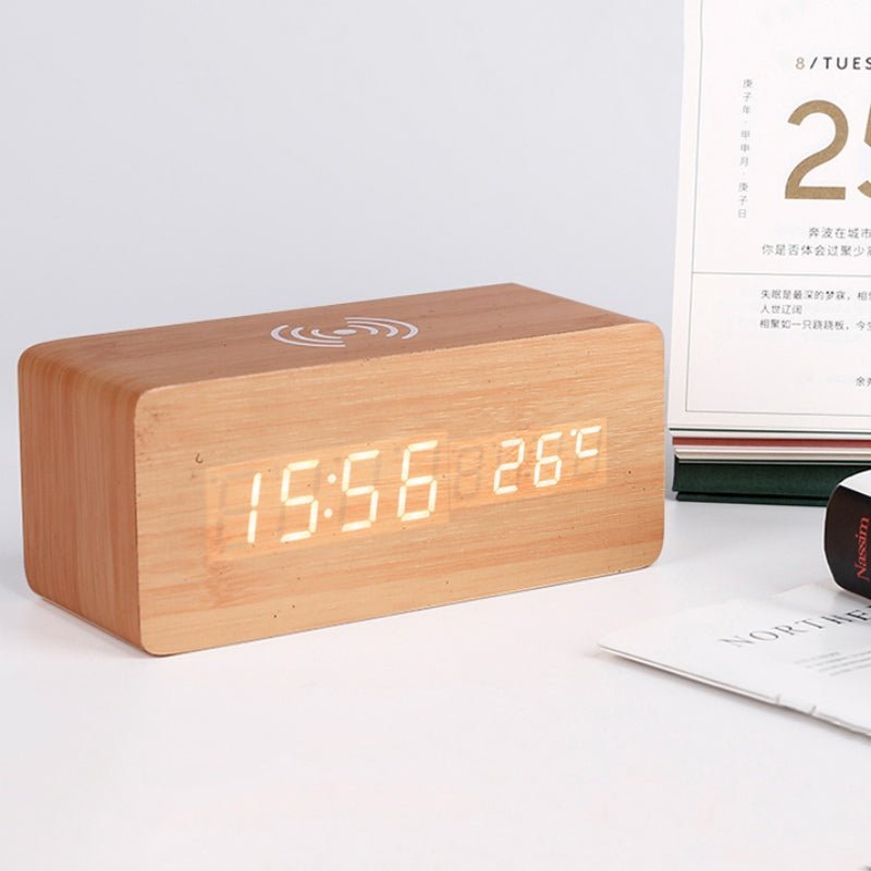 Wooden alarm clock with wireless charging pad
